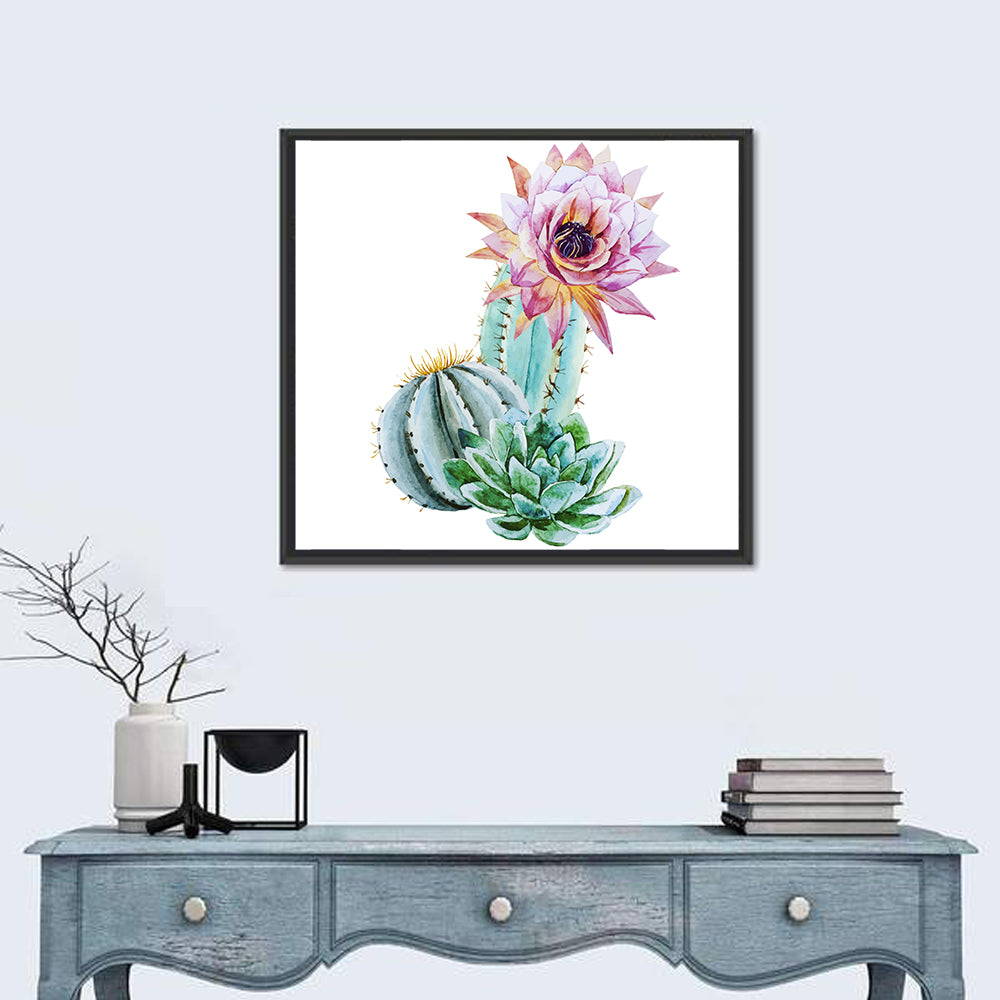 Blooming Cactus Watercolor Wall Art in a room, square