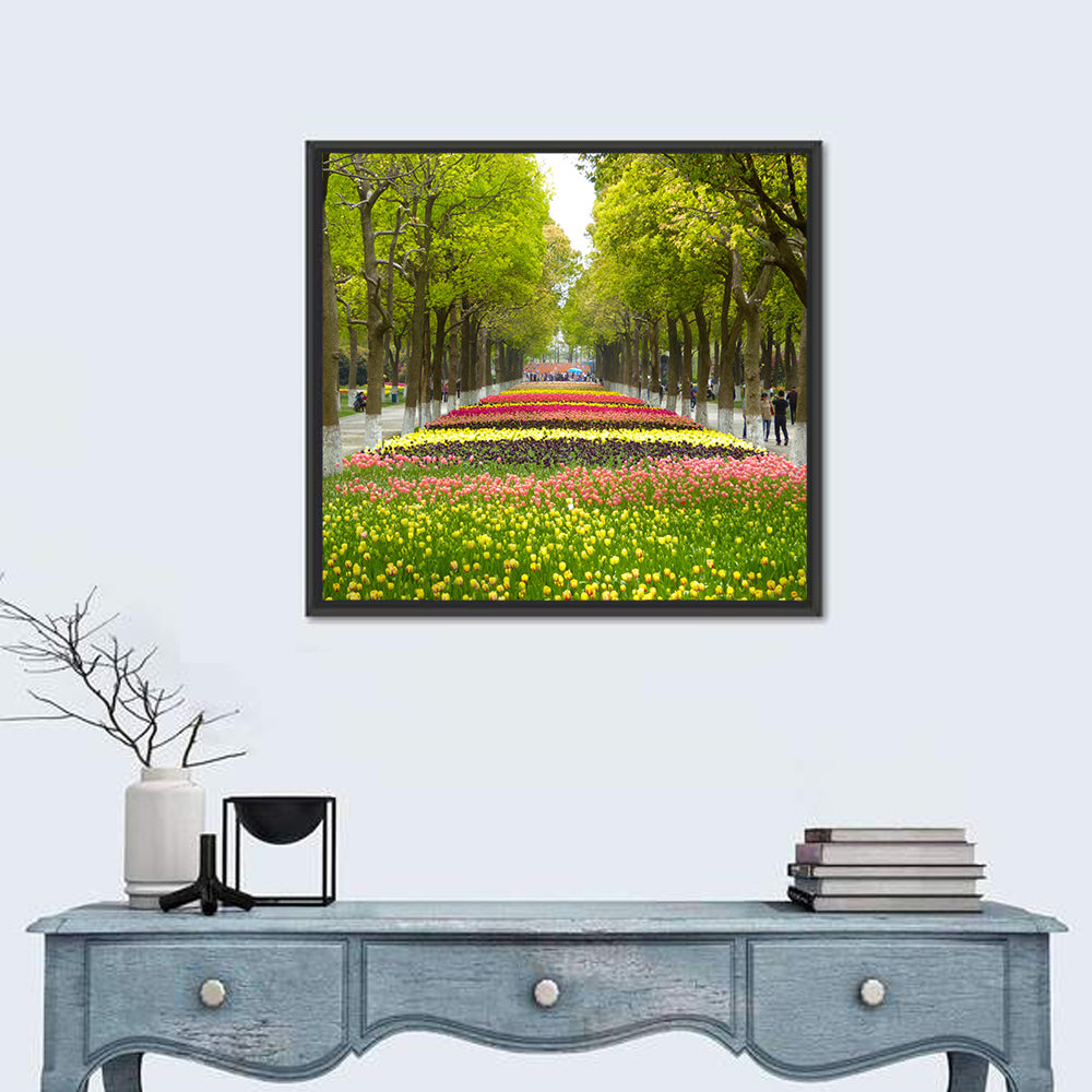 Tree-lined Tulip Garden Path Wall Art in a room, square