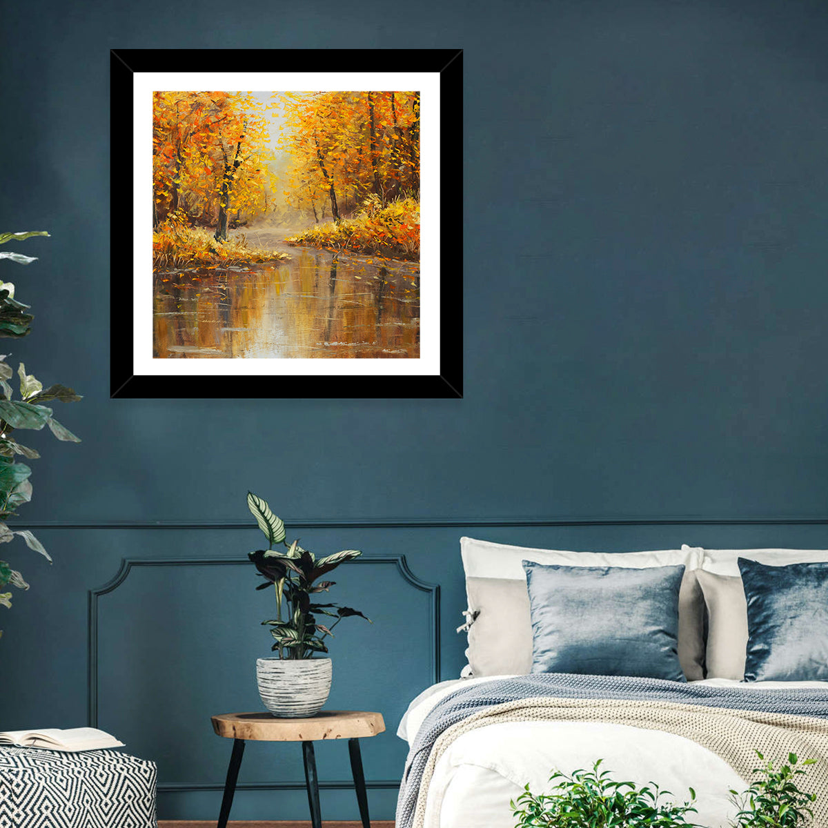 Golden Autumn River Reflection Wall Art in a room, square