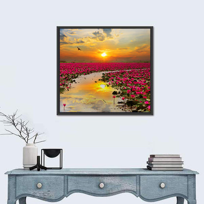 Golden Hour Lotus Field Wall Art