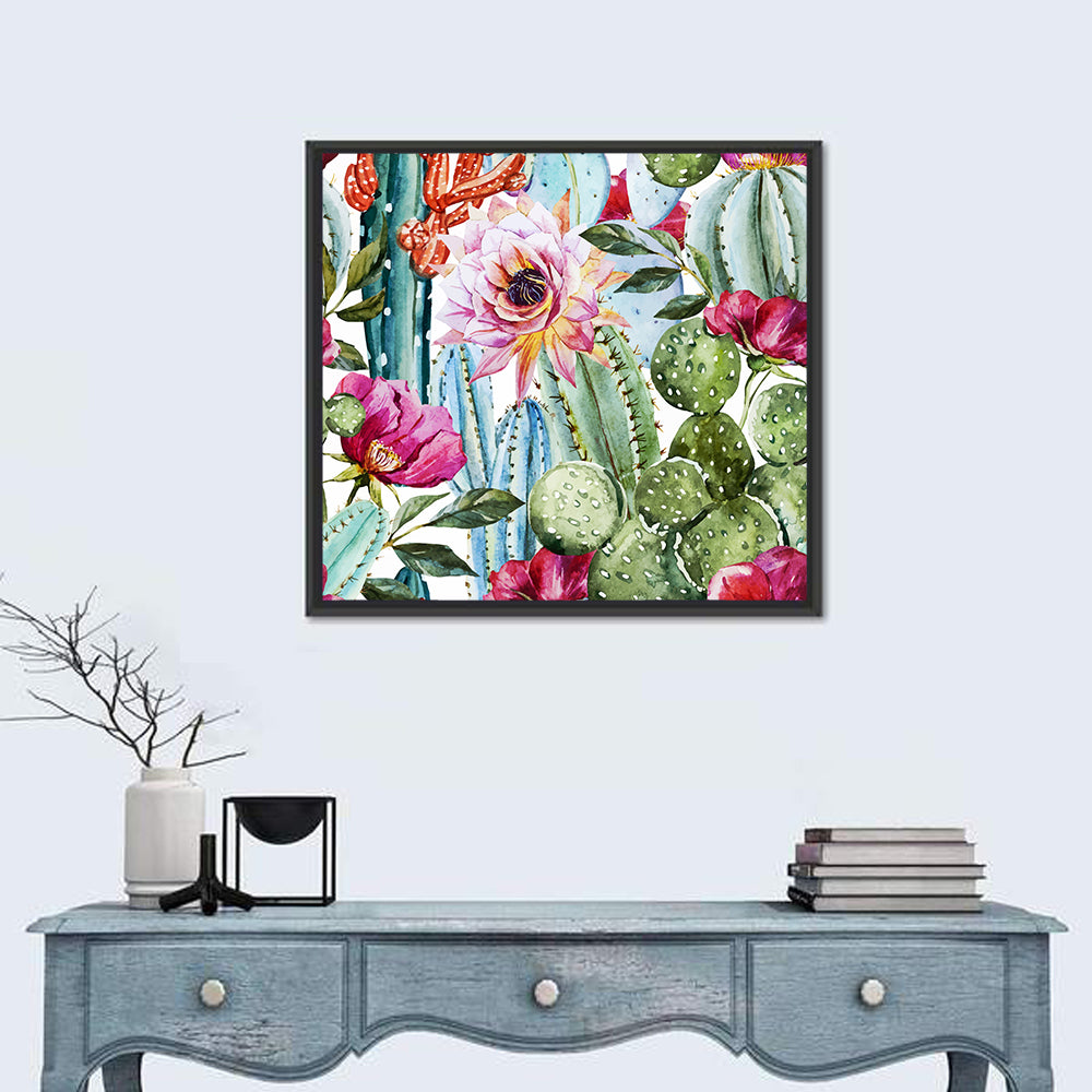 Watercolor Cactus Pattern Wall Art in a room, square