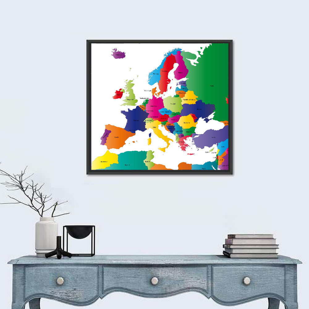 Modern Coloured Map of Europe Wall Art in a room, square