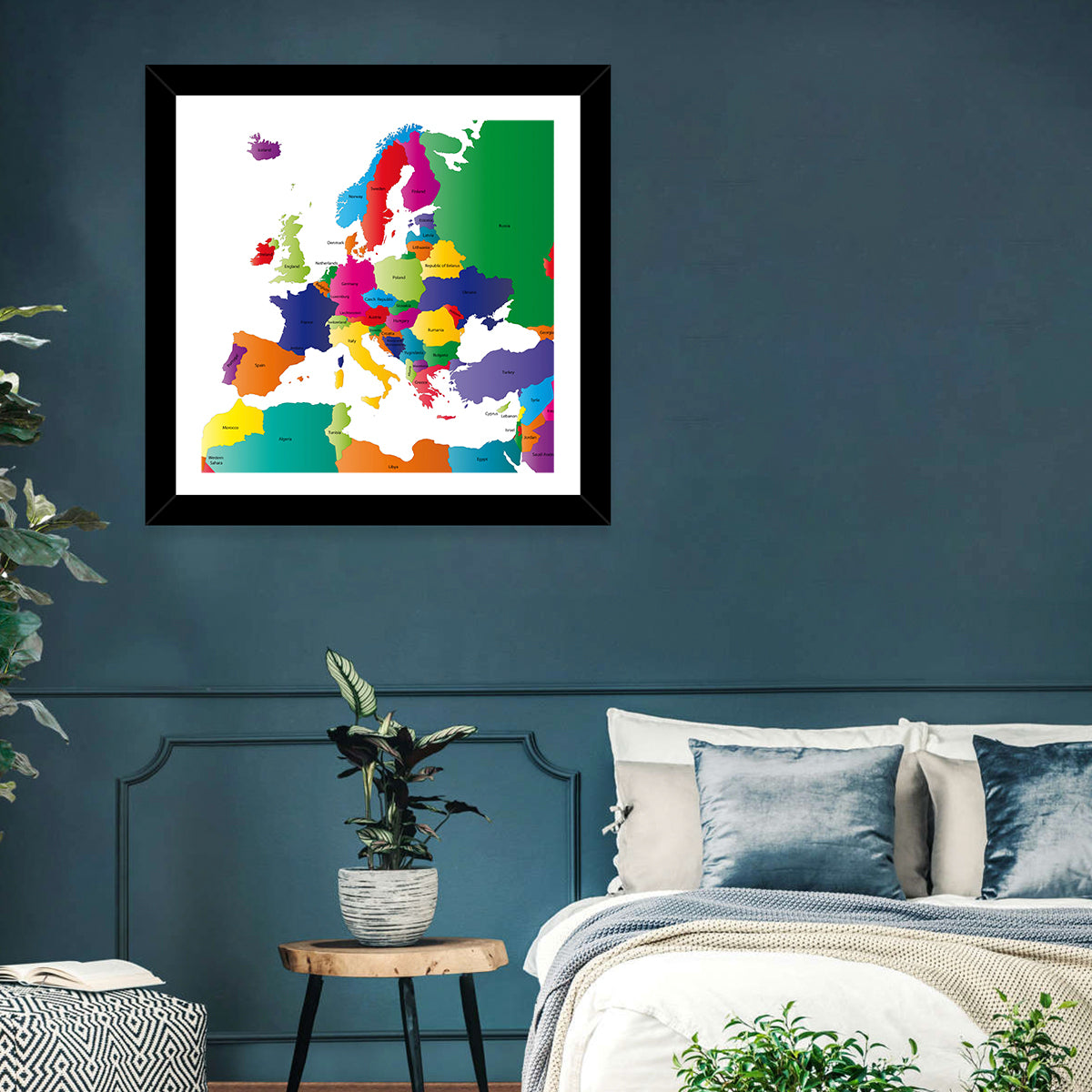 Modern Coloured Map of Europe Wall Art in a room, square