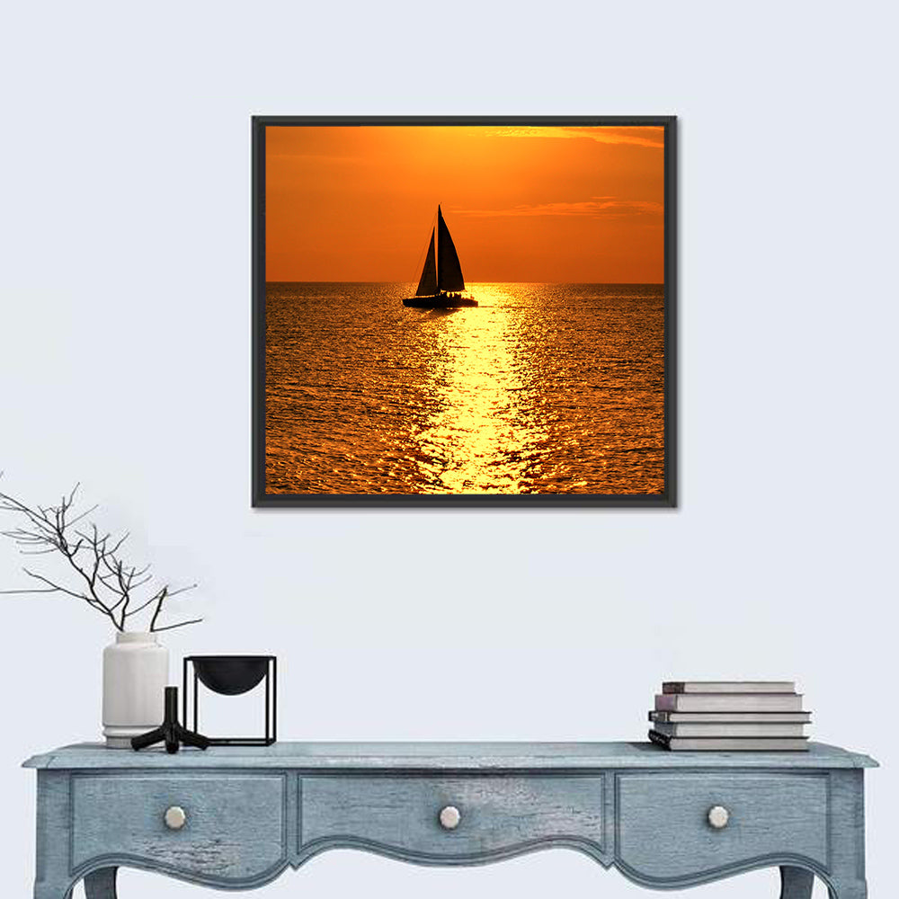 Sailboat Silhouette at Golden Sunset Wall Art