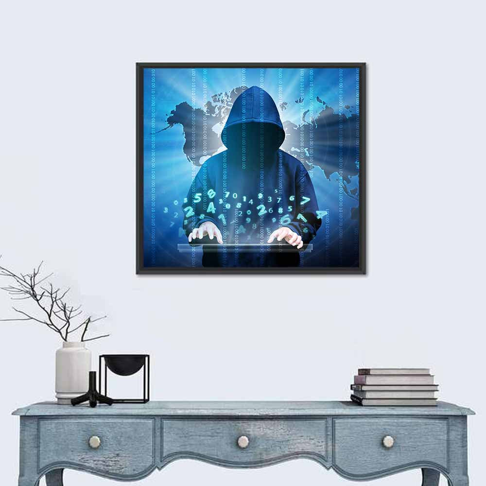 Hooded Hacker with Binary Map Wall Art