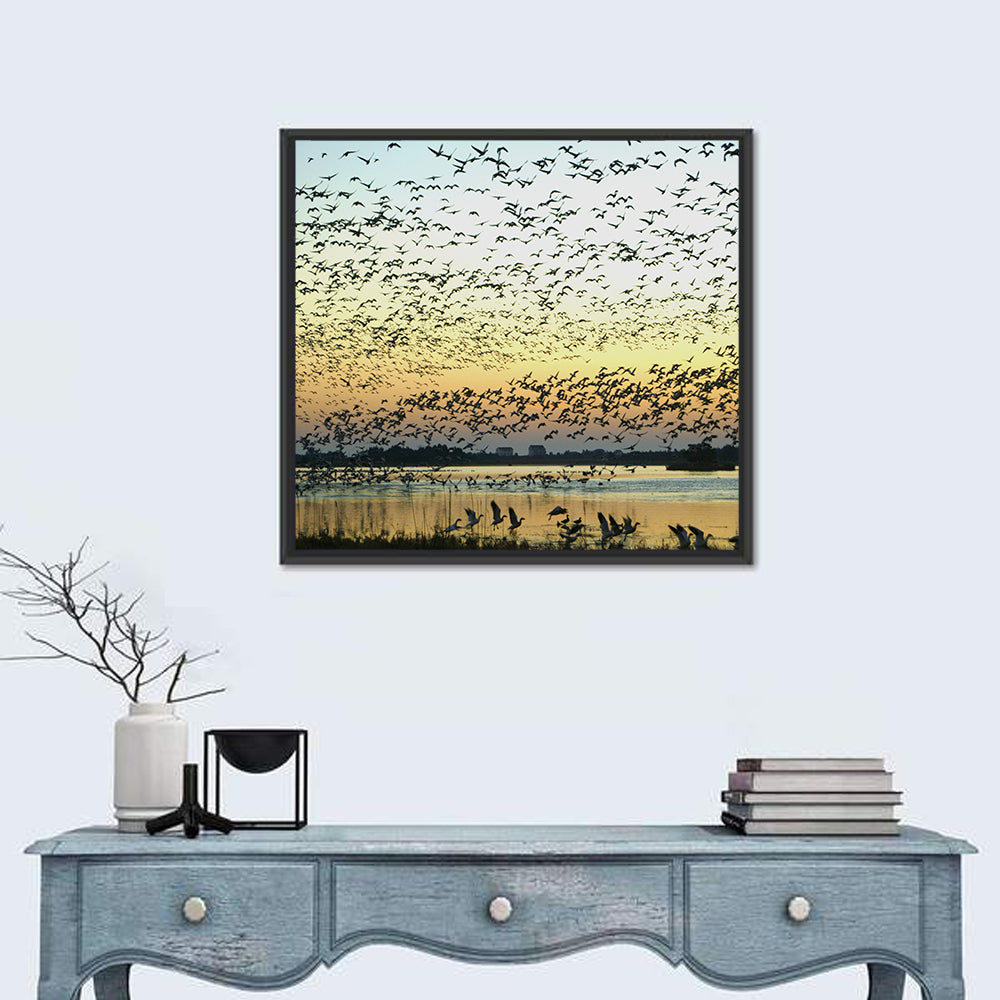 Snow Geese Over River Wall Art