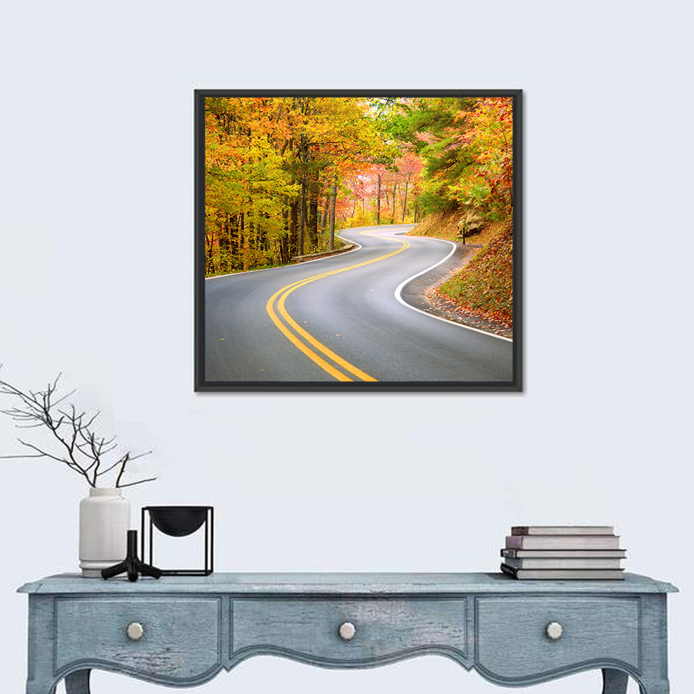 Winding Autumn Road Wall Art in a room, square
