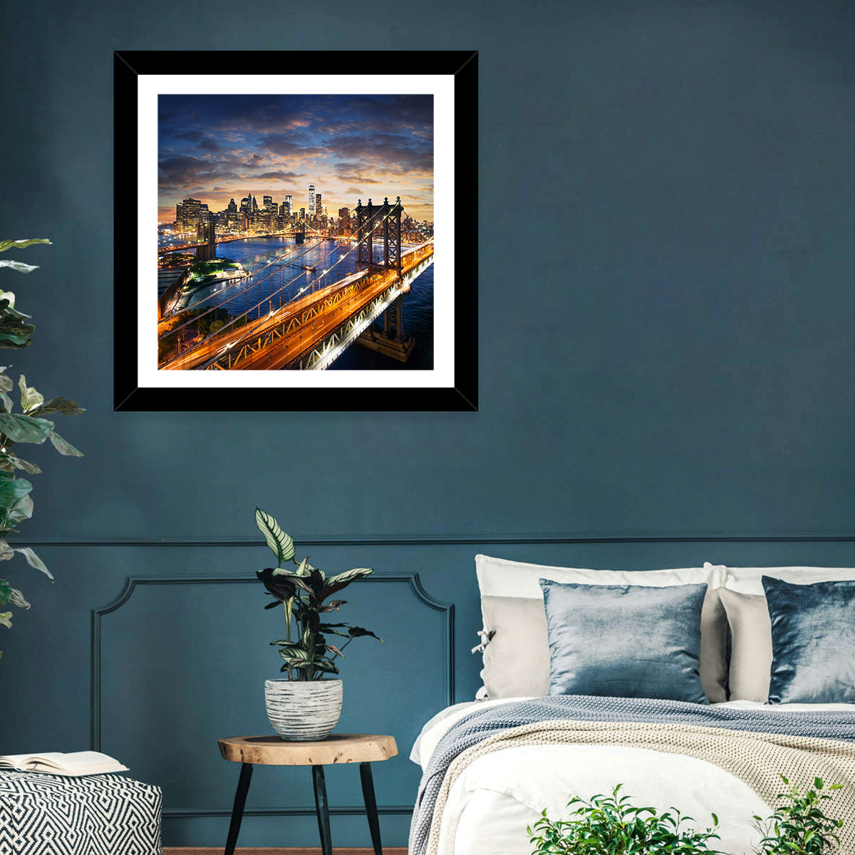 Manhattan Bridge Dusk Light Trails Wall Art in a room, square