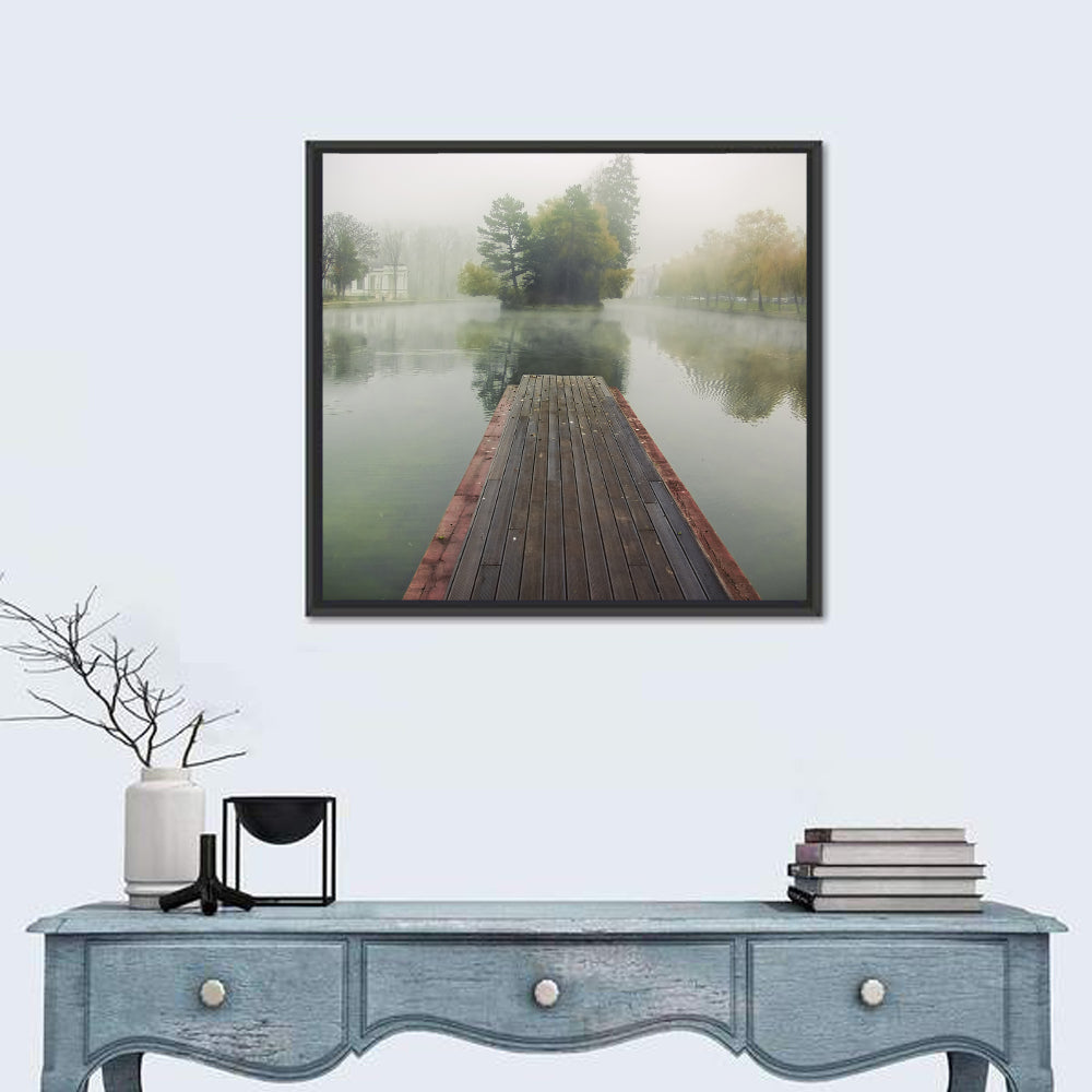 Wooden Pier on Foggy Lake Wall Art