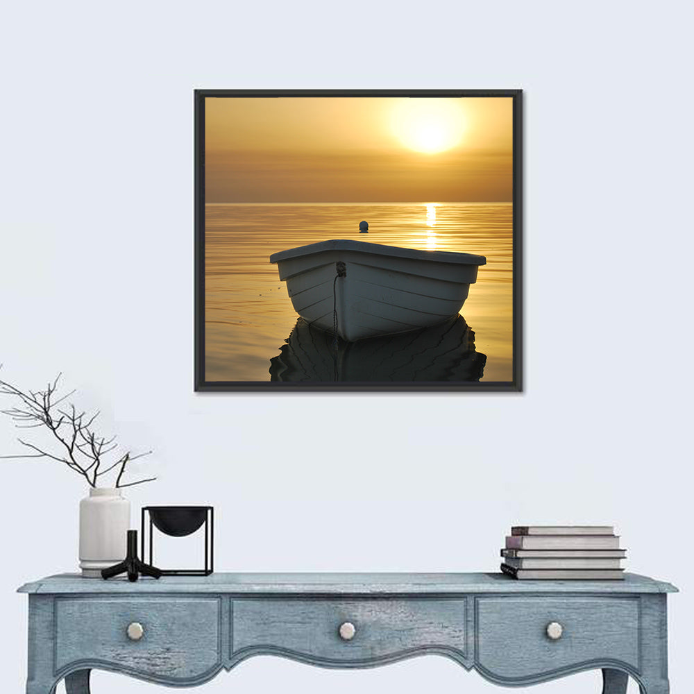 White Rowboat on Golden Sea Wall Art