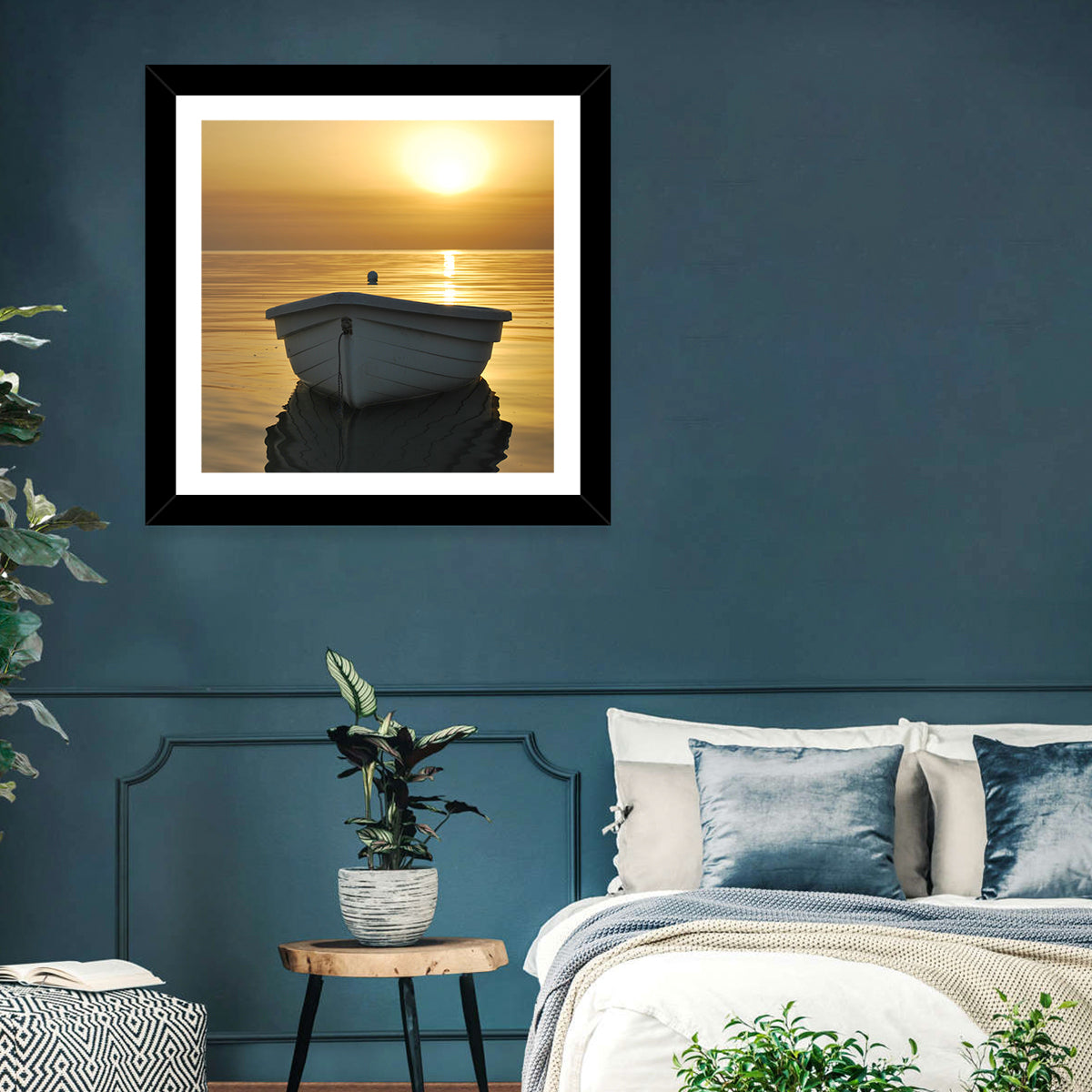 White Rowboat on Golden Sea Wall Art