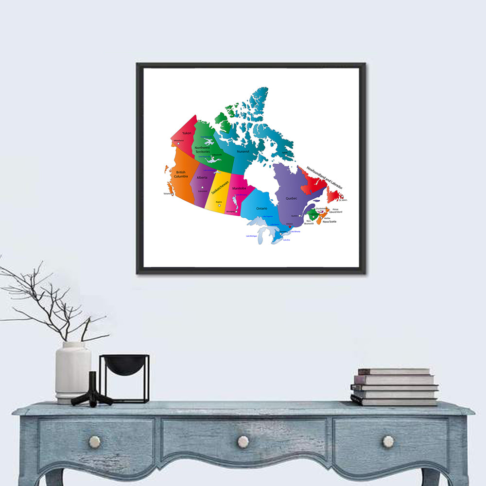 Colorful Canada Map Illustration Wall Art in a room, square
