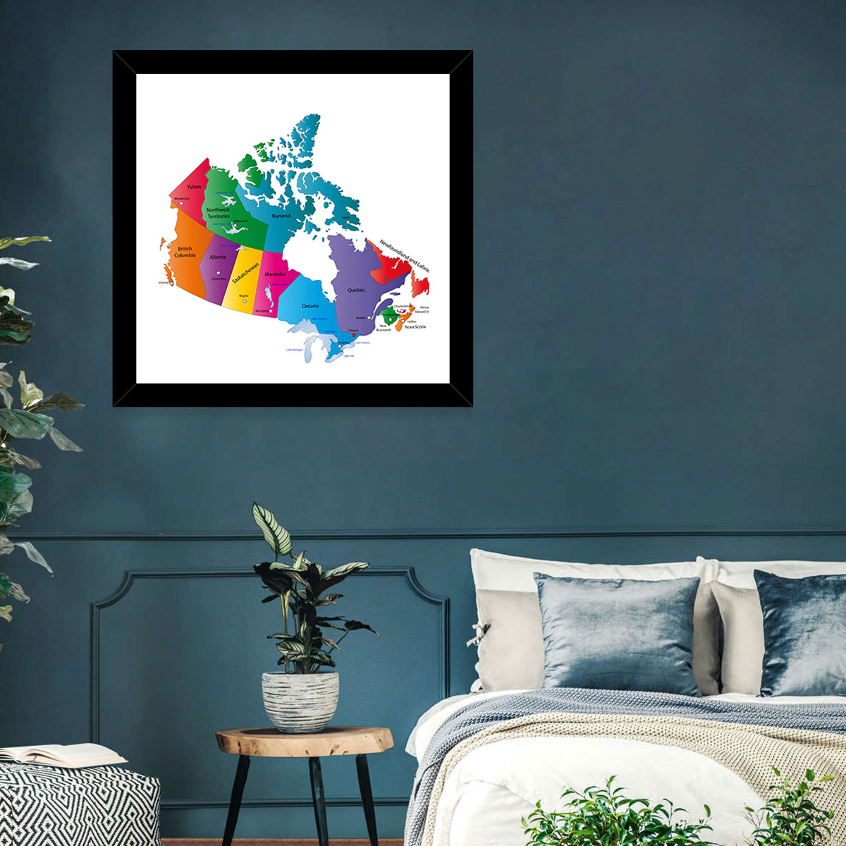 Colorful Canada Map Illustration Wall Art in a room, square