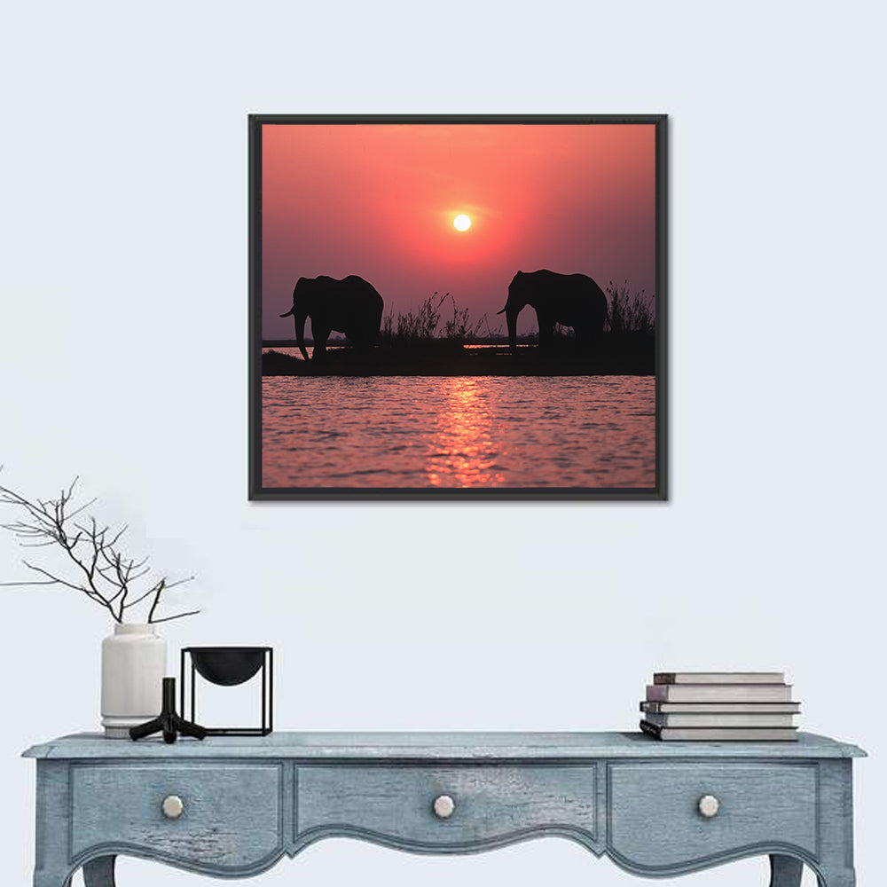 Elephants at Sunset Silhouette Wall Art