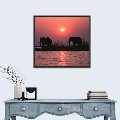 Elephants at Sunset Silhouette Wall Art