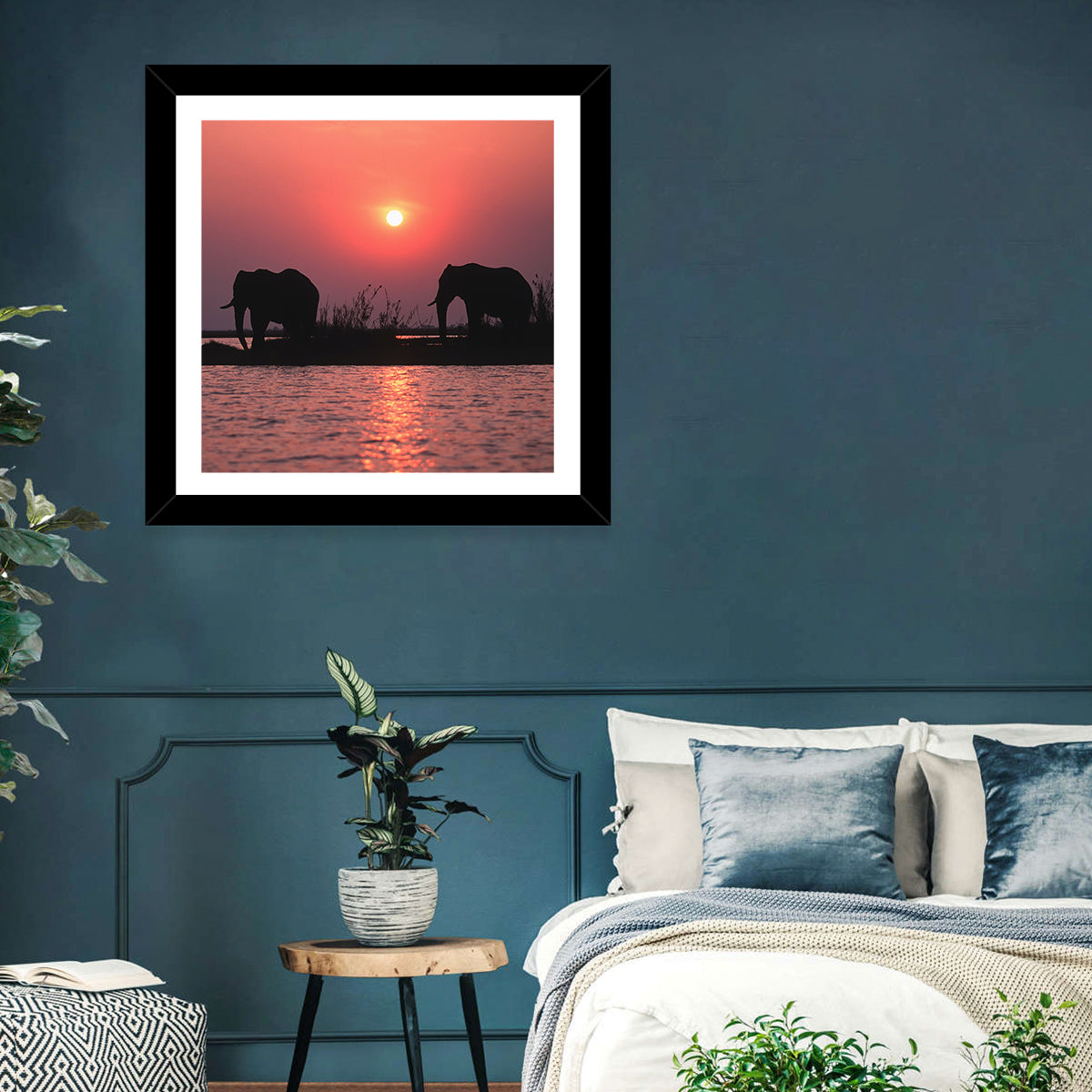 Elephants at Sunset Silhouette Wall Art
