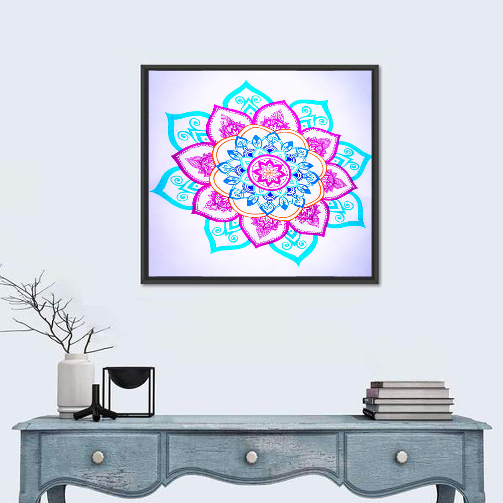 Vibrant Hand-drawn Mandala Flower Pattern Wall Art in a room, square
