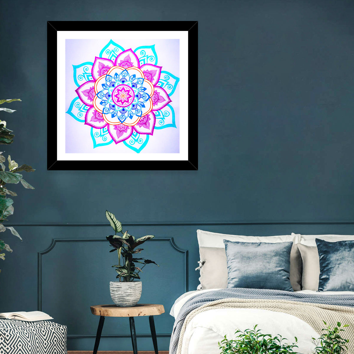 Vibrant Hand-drawn Mandala Flower Pattern Wall Art in a room, square