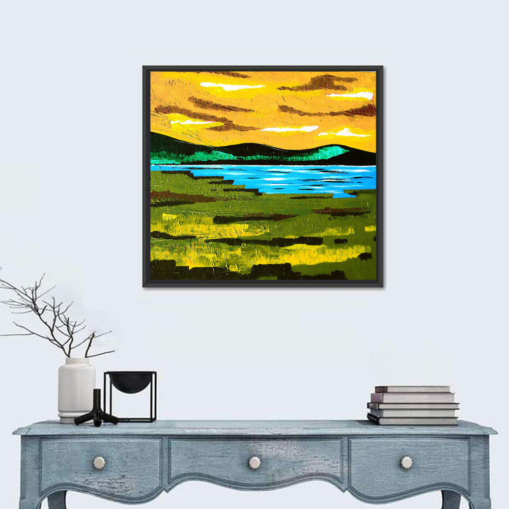 Golden Hour Mountain Lake Abstract Wall Art in a room, square