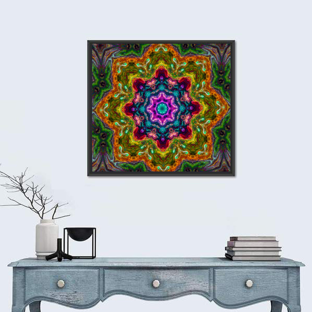 Vibrant Kaleidoscopic Mandala Ornament Wall Art in a room, square