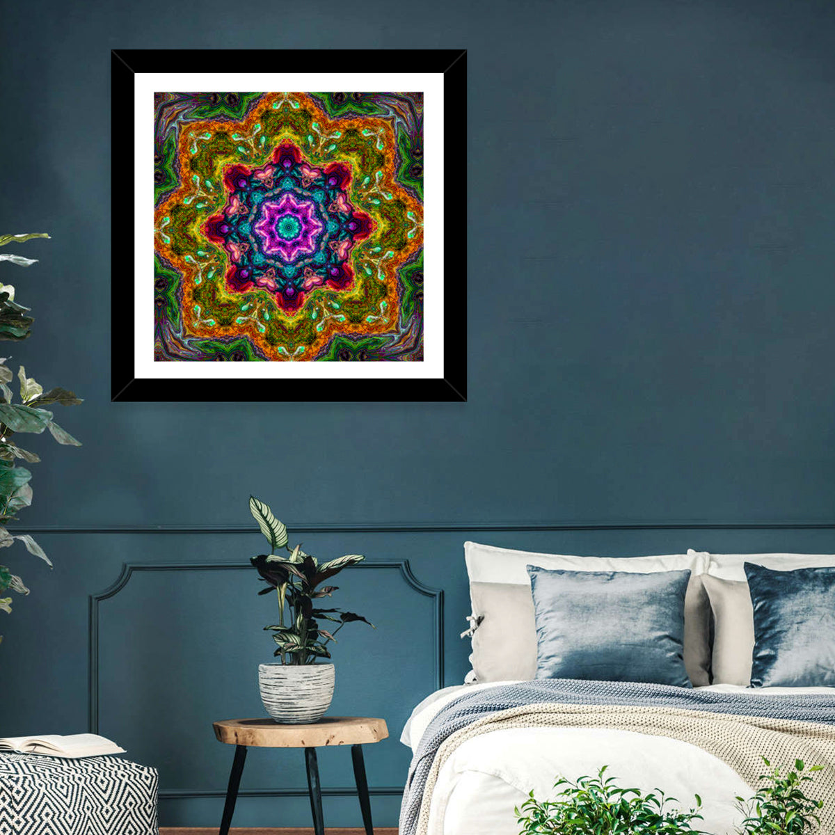 Vibrant Kaleidoscopic Mandala Ornament Wall Art in a room, square
