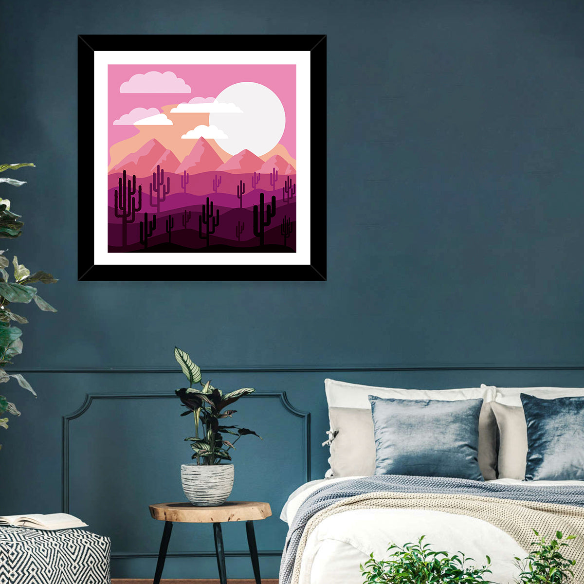 Saguaro Sunset Illustration Wall Art in a room, square