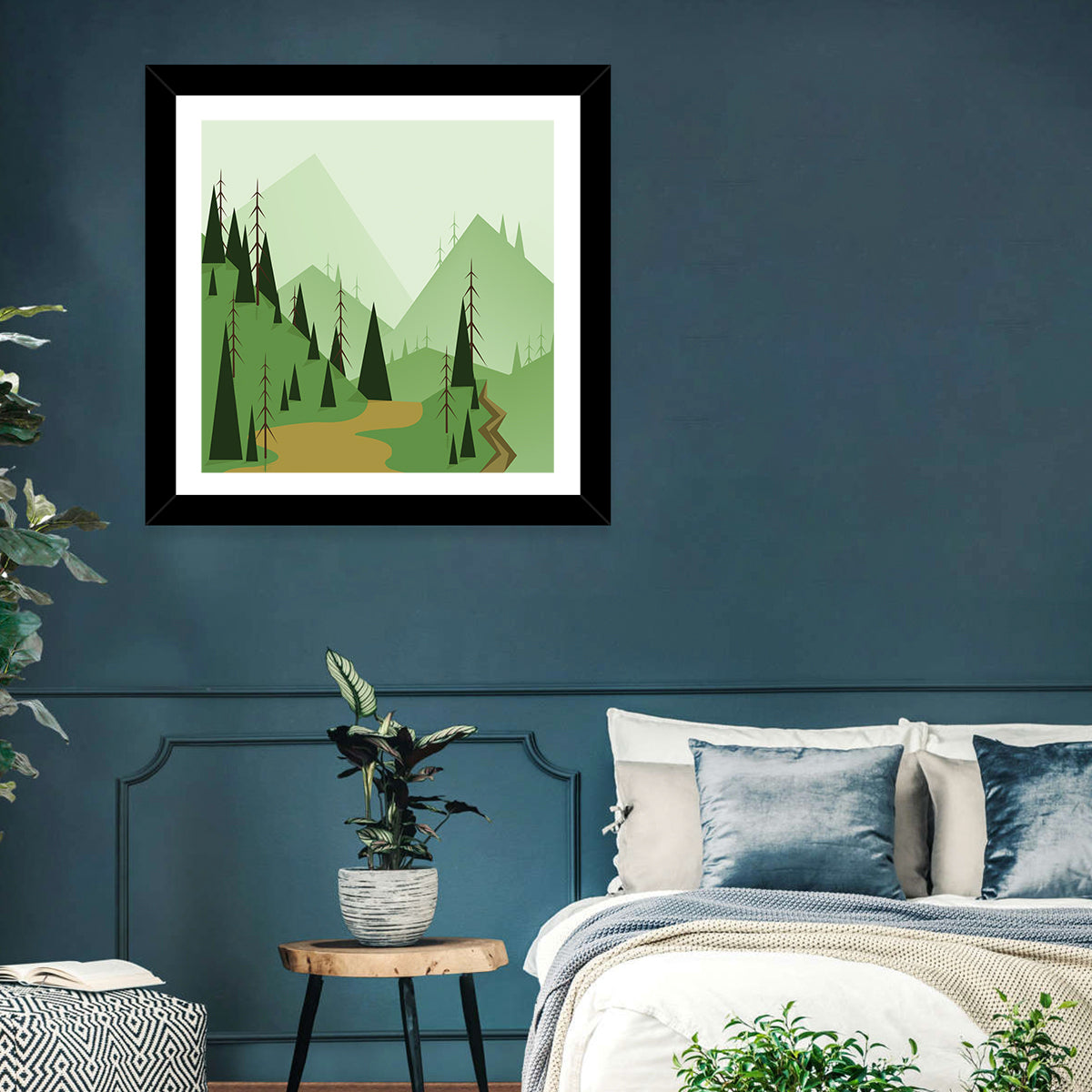 Green Foggy Hills Illustration Wall Art in a room, square