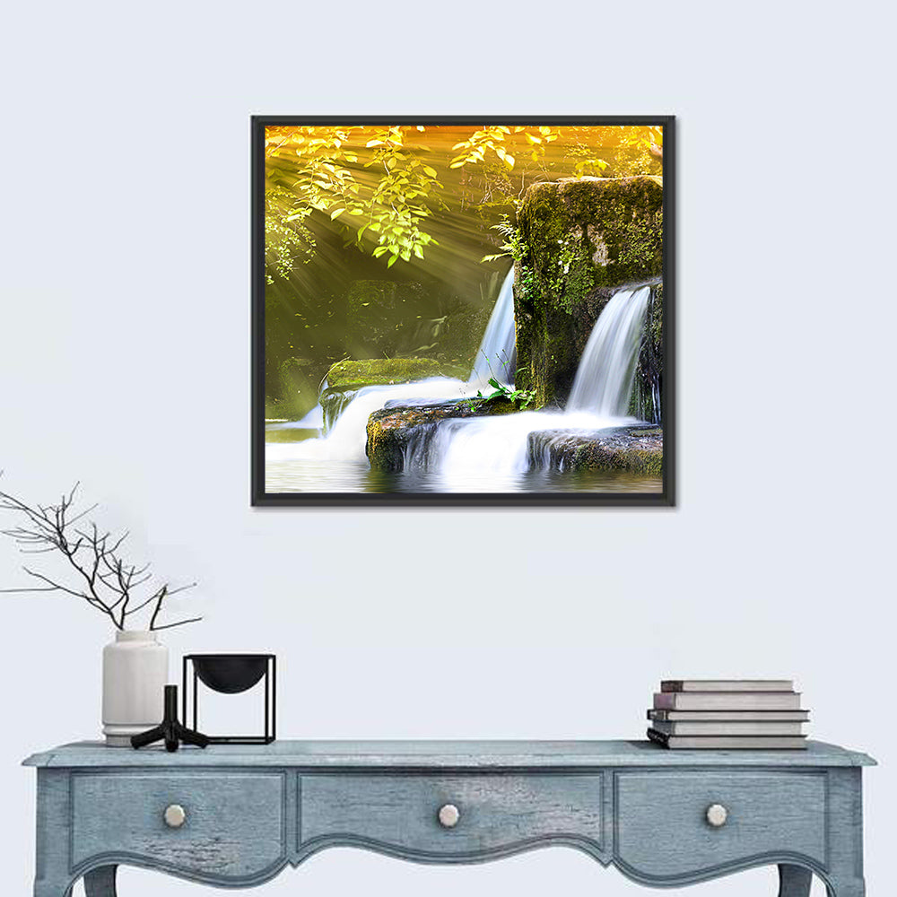 Sunlit Forest Waterfall Wall Art