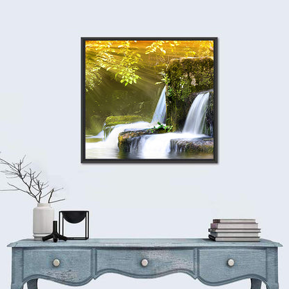 Sunlit Forest Waterfall Wall Art