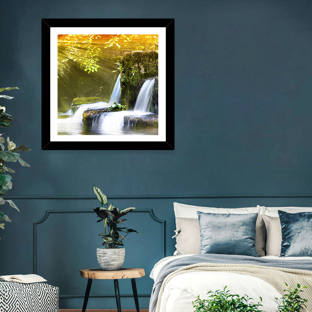 Sunlit Forest Waterfall Wall Art