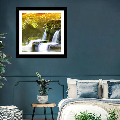 Sunlit Forest Waterfall Wall Art