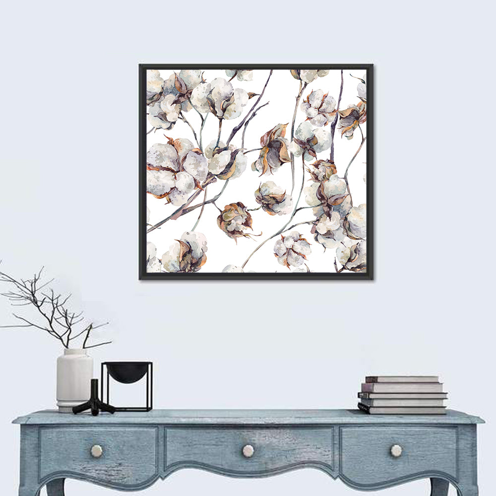 Watercolor Cotton Bolls Wall Art in a room, square