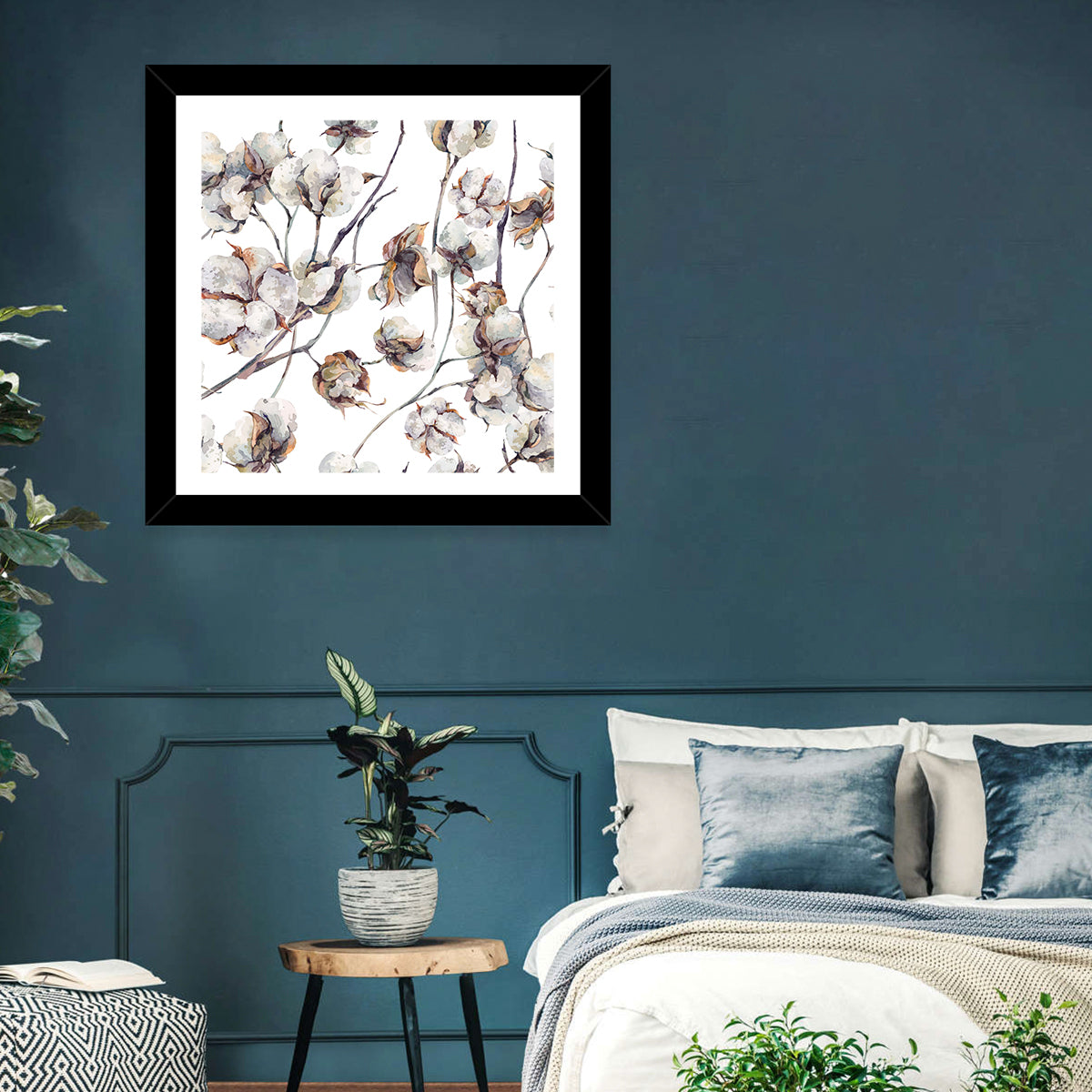 Watercolor Cotton Bolls Wall Art in a room, square