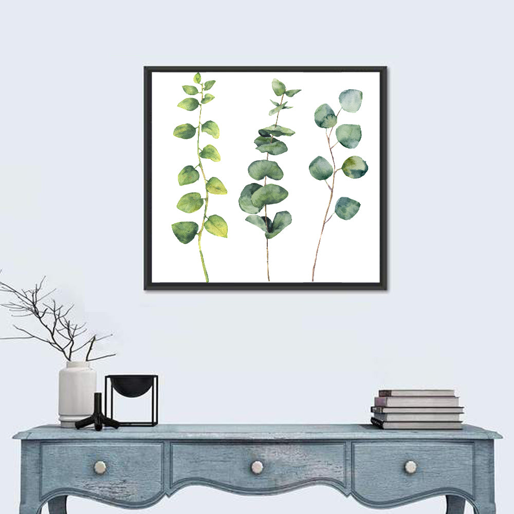 Watercolor Eucalyptus Stems Wall Art in a room, square