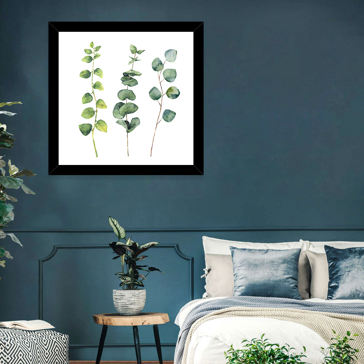 Watercolor Eucalyptus Stems Wall Art in a room, square