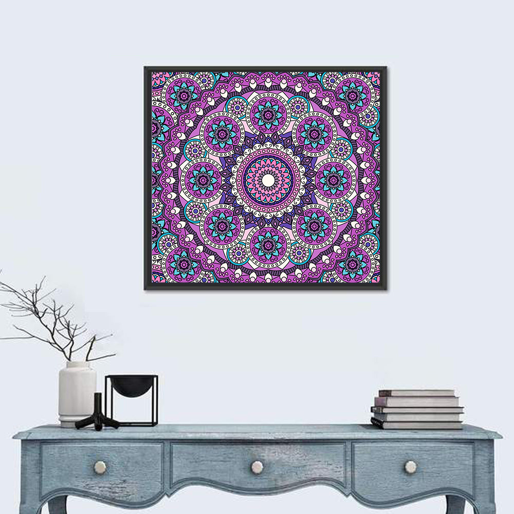 Vibrant Purple Teal Mandala Pattern Wall Art in a room, square