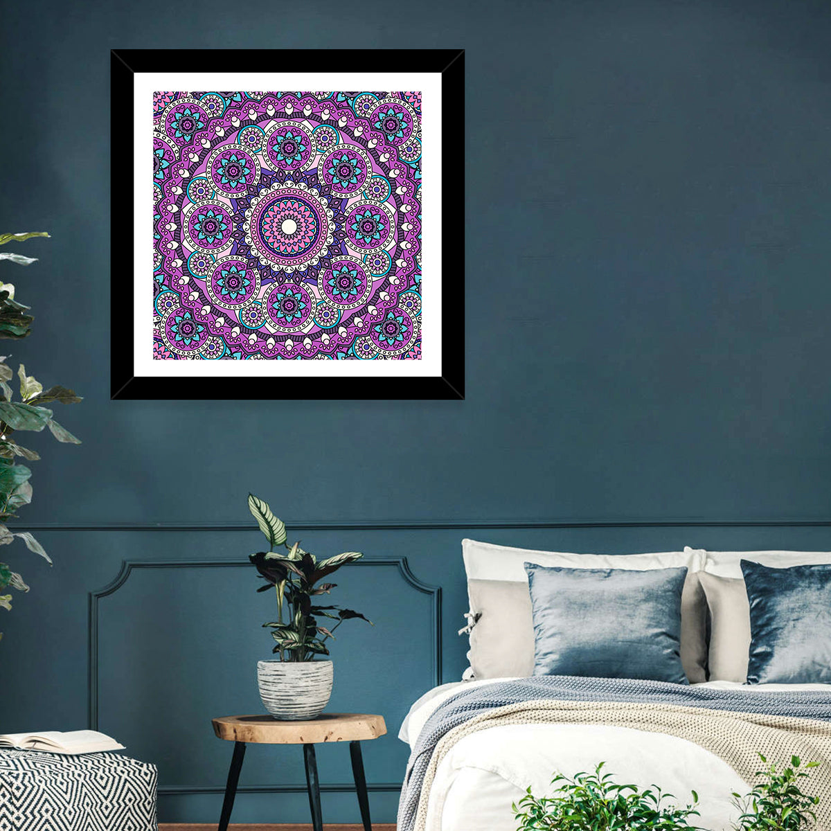 Vibrant Purple Teal Mandala Pattern Wall Art in a room, square