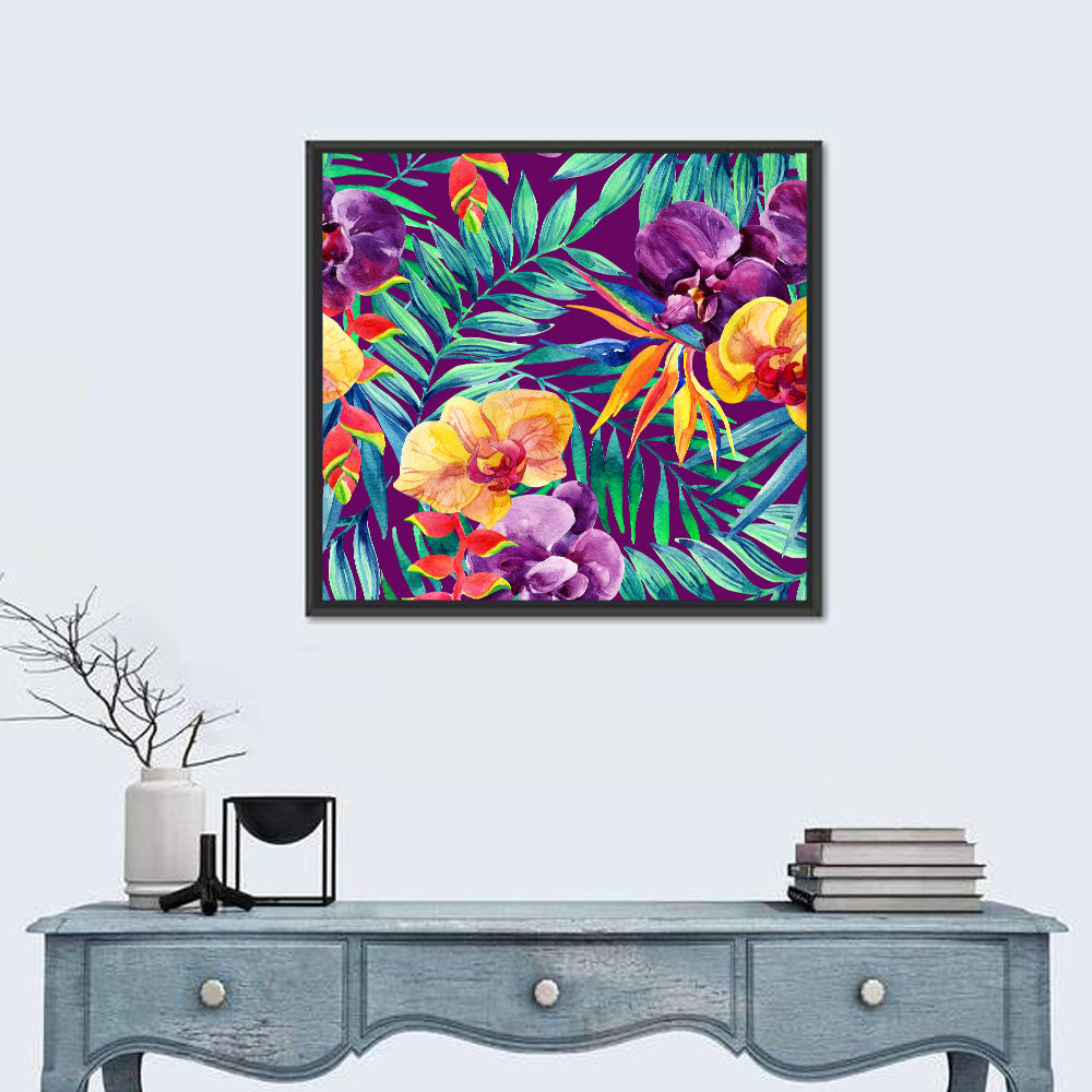 Tropical Orchid and Palm Pattern Wall Art in a room, square