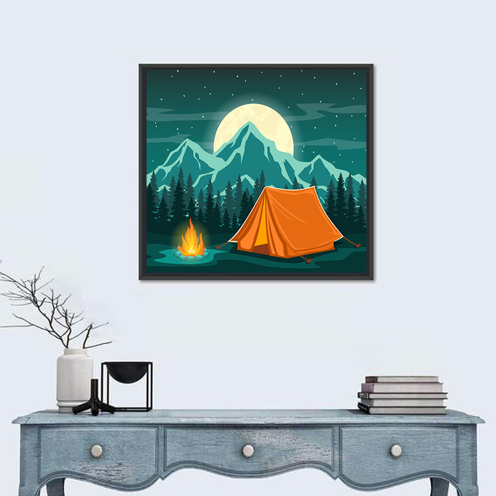 Moonlit Campfire Landscape Wall Art in a room, square