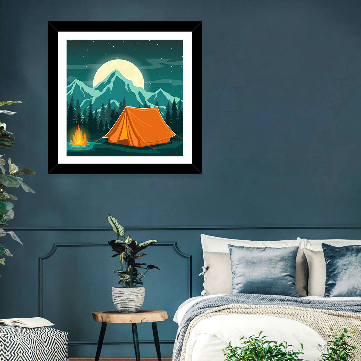 Moonlit Campfire Landscape Wall Art in a room, square