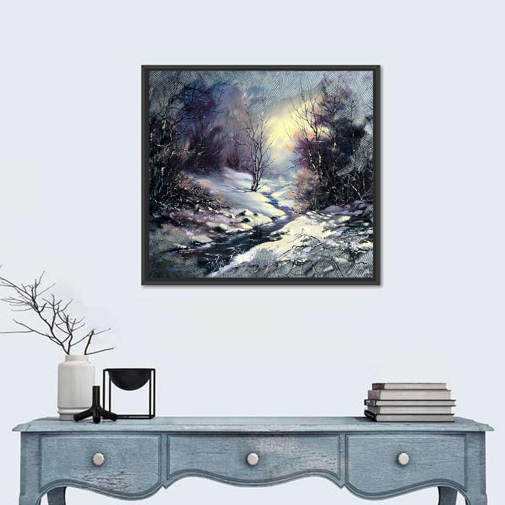 Sunlit Frozen Stream in Winter Forest Wall Art