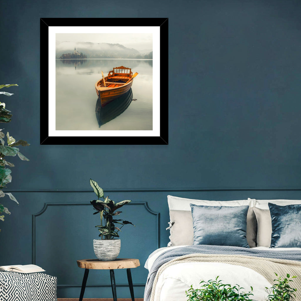 Wooden Boat on Misty Lake Bled Wall Art