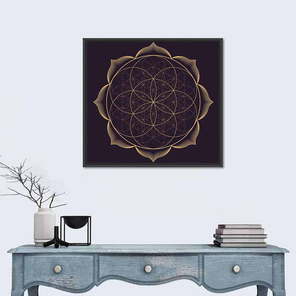 Golden Sacred Geometry Mandala Wall Art in a room, square