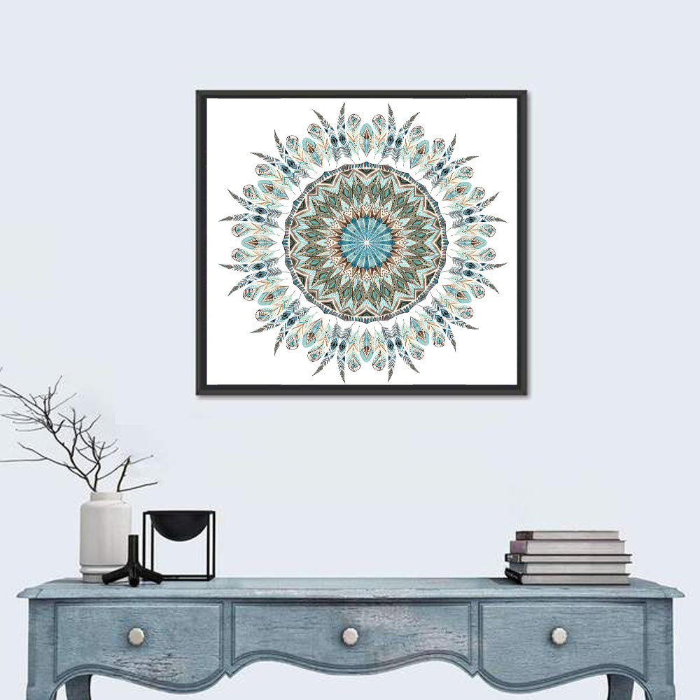 Layered Feather Mandala Wall Art in a room, square