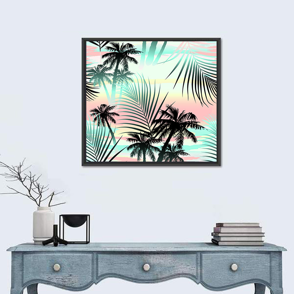 Tropical Palm Stripe Pattern Wall Art in a room, square