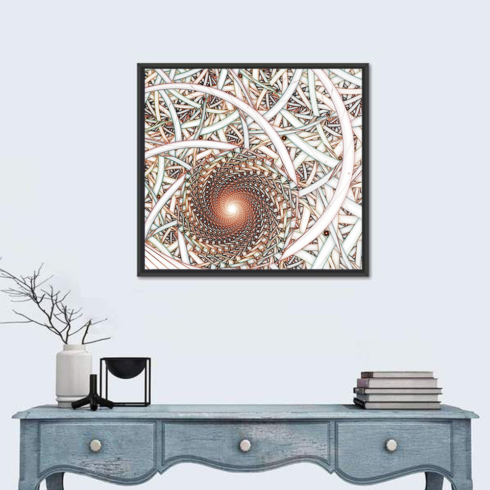 Copper Fractal Spiral Mandala Wall Art in a room, square