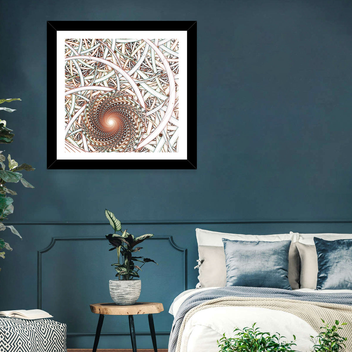 Copper Fractal Spiral Mandala Wall Art in a room, square