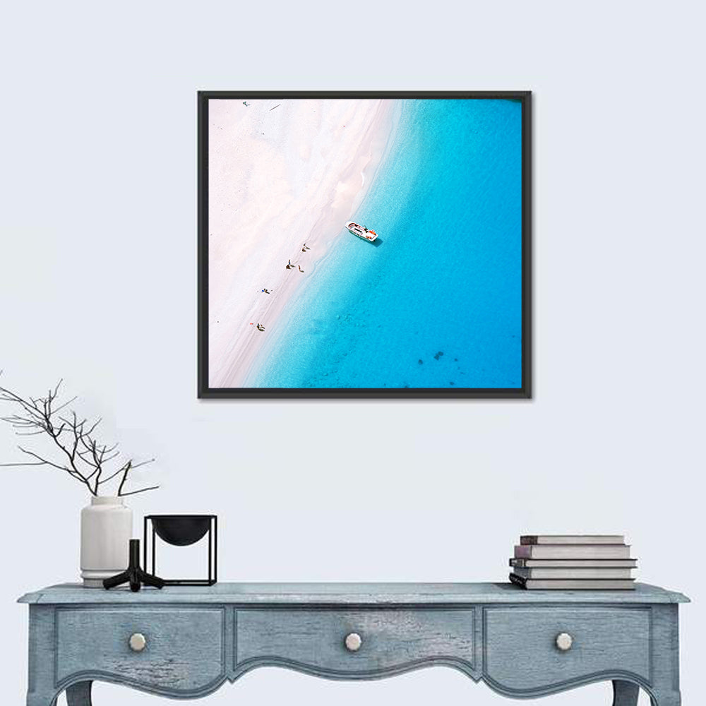 Aerial Beach Bay with White Boat Wall Art