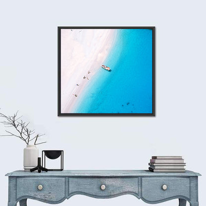 Aerial Beach Bay with White Boat Wall Art