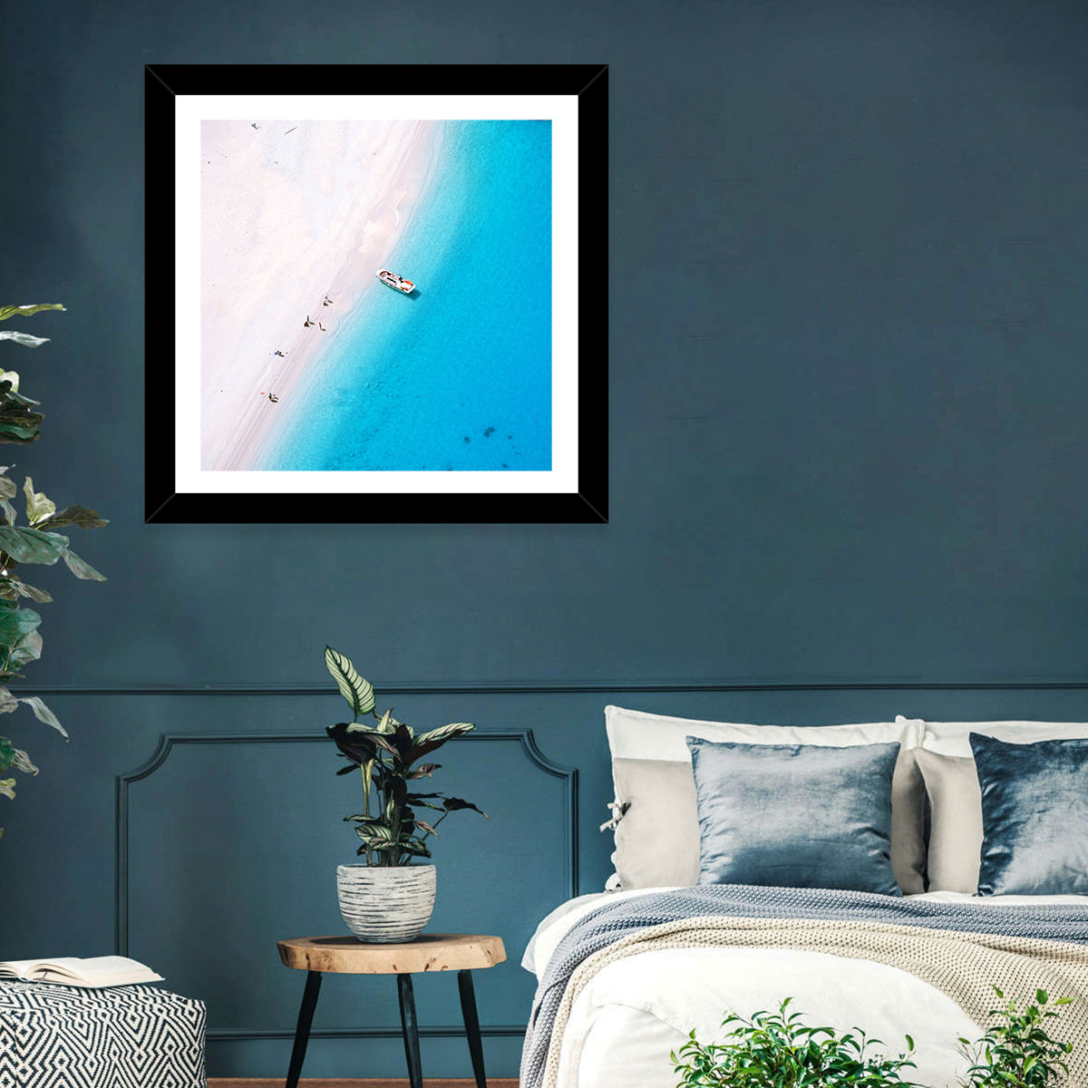 Aerial Beach Bay with White Boat Wall Art